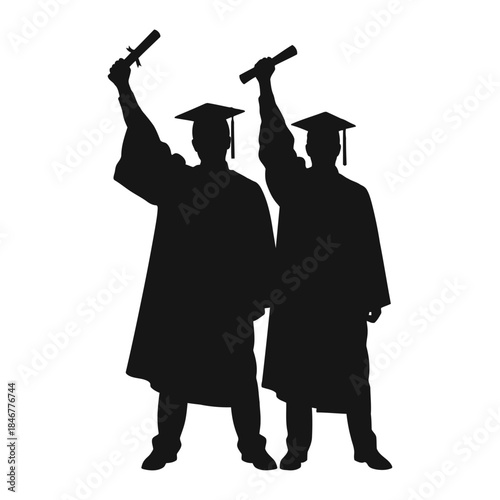 Silhouette of two graduates celebrating with diplomas