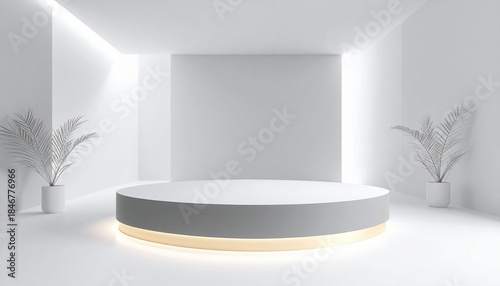 Podium of Modernity: A minimalist scene presents a sleek, modern podium, perfectly illuminated for showcasing products or concepts, enhanced by subtle architectural elements.