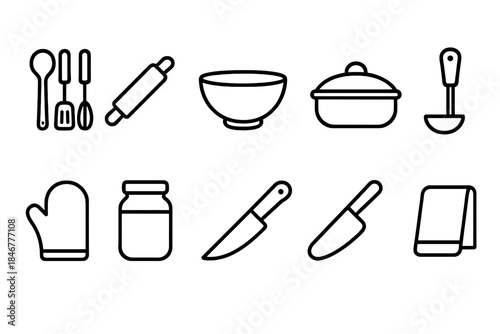 Kitchen tools outline icon set for culinary and cooking designs
