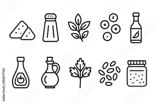 Food and cooking outline icon set. Culinary elements and spice symbols collection