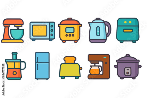 Kitchen appliance flat icon set. Essential cooking tools in colorful flat style.