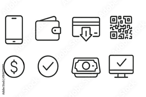 “Finance and payment icon set. Wallet, card, qr code icons outline collection”