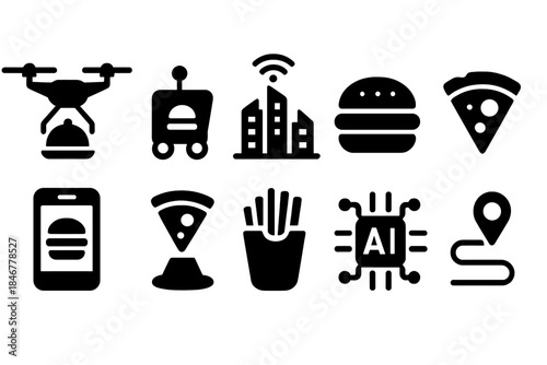 Smart city technology solid icon set. Urban innovation and technology icons collection