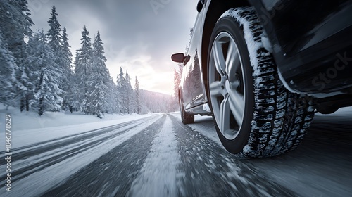Car driving on a snowy road through a winter forest with snow-covered trees