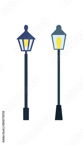 Two black outdoor street lamps with yellow lights