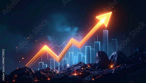 Ascending Curve of Growth: An illuminated arrow gracefully ascends above a cityscape silhouette, symbolizing continuous development, progress, and an upward trajectory.