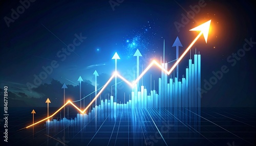 Financial Growth Visualization: An abstract representation of financial progress, with ascending arrows and data bars illuminating the concepts of growth and progress.