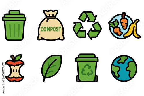 Recycling and composting flat icon set. Eco-friendly waste management icons collection