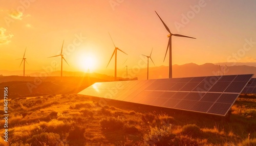 Renewable Energy at Dusk: Solar panels and wind turbines stand proudly against the backdrop of a vibrant sunset, symbolizing the power of sustainable energy and the promise of a greener future.