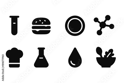 Food and science solid icon set: culinary, laboratory, chemistry flat icons collection
