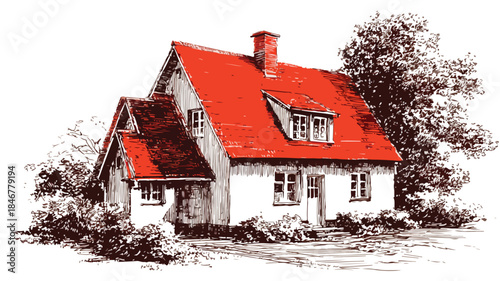 Professional House Drawing with Red Roof and Brick Chimney