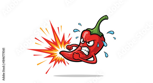 Fiery red chili pepper mascot with an angry face performing a powerful flying kick, representing intense spice and heat.