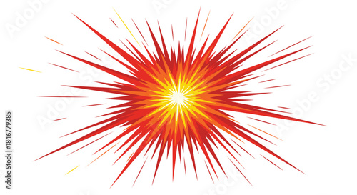 Bright, fiery red and yellow explosion or blast effect with sharp radiating lines, depicted in a dynamic comic book art style.