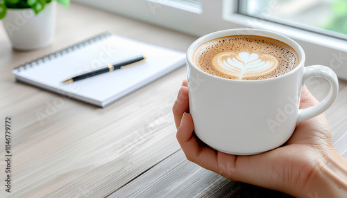 Hand Holding a Ceramic Coffee Cup Above a Minimal Workspace Desk with Notebook and Pen