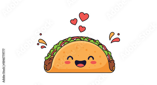 Adorable kawaii taco character with a happy smiling face, blushing cheeks, and floating hearts representing a love for food.