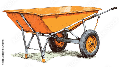 Vibrant Orange Wagon with Wheels and Wheelbarrow Vector Drawing
