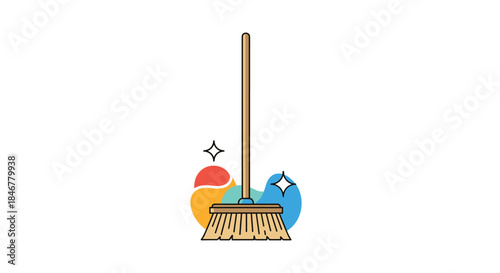 Simple wooden broom with natural bristles for sweeping and cleaning, depicted with sparkles against an abstract colorful background.