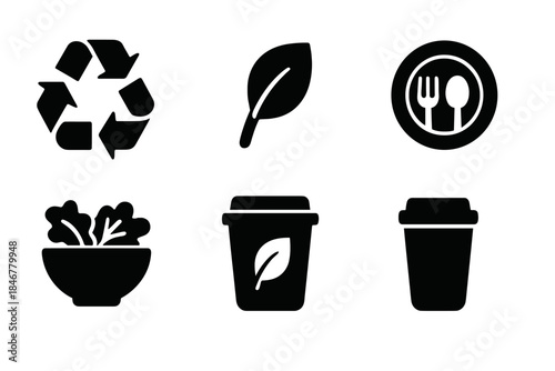 Eco-friendly, sustainability solid icon set. Recycling, green living icons collection