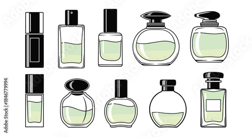 Collection of various elegant perfume bottles in different shapes and sizes, illustrated in a black and white line art style.