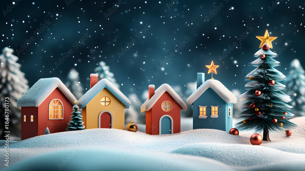 Fototapeta premium Colorful houses in a snowy winter village with Christmas trees, ideal for Christmas greeting cards, holiday banner.
