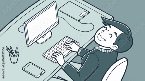 Aerial images captured by drone show a modern workstation, with a person typing and tilting their head upwards, smiling, in an environment with soft lighting and a technological atmosphere.