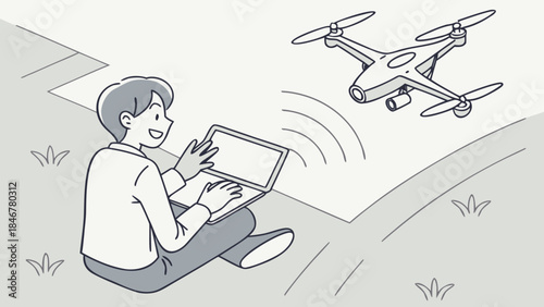 Drone footage capturing an overhead view of a young man sitting on the floor with a laptop, typing and waving with a slight smile while looking at the device.