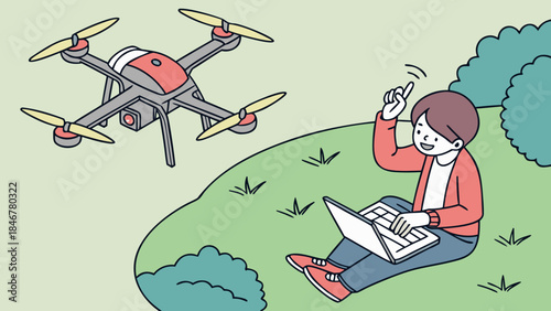 Drone footage capturing an overhead view of a young man sitting on the floor with a laptop, typing and waving with a slight smile while looking at the device.