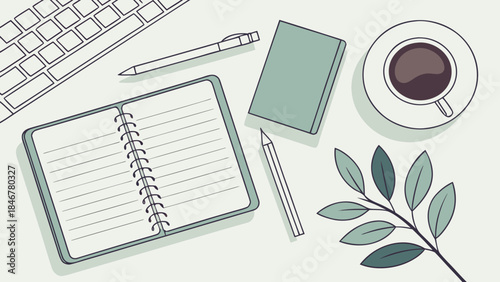 A neatly arranged desk with a laptop, coffee, notebook, and ornamental plant, soft lighting, and a minimalist flat lay composition on a light background.