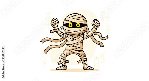Cute cartoon mummy character wrapped in bandages with glowing yellow eyes, posing playfully for a fun Halloween celebration.