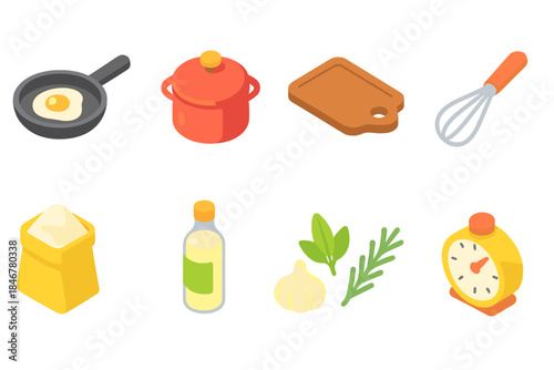 Cooking kitchen flat icon set. Essential cooking tools and ingredients icons collection