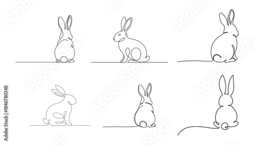 Sequence of six black and white rabbit sketches in various poses