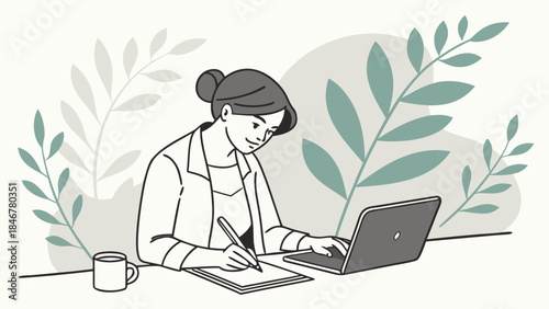 Entrepreneur working from home with a tablet and notepad, plants in the background, minimalist aesthetic and soft tones.