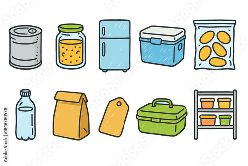 Food storage flat icon set. Containers, refrigeration, pantry icons for kitchen organization.