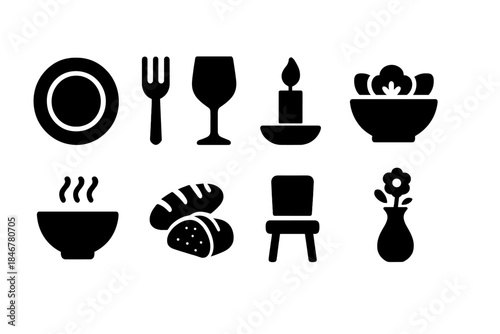 Dining silhouette icon set with tableware, food, and decor images for home dining