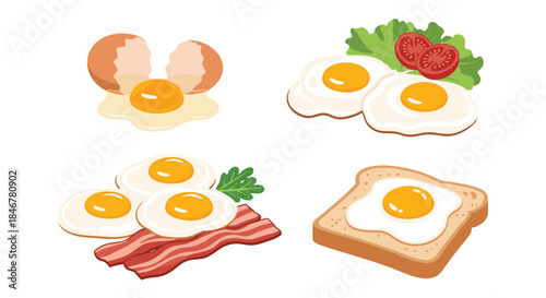 Set of four illustrations showing various ways to prepare eggs for breakfast, including fried, on toast, with bacon, and cracked.