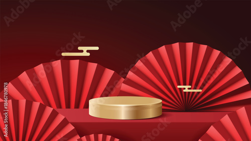 Abstract minimal mock up scene. podium for show product display. stage pedestal or platform. Chinese new year red and gold background. 3D vector