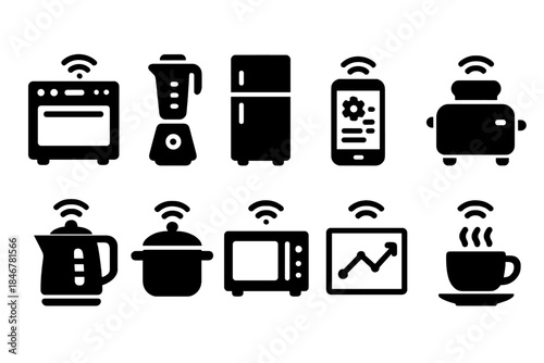 Smart home appliances solid icon set. Kitchen devices, connectivity solid collection