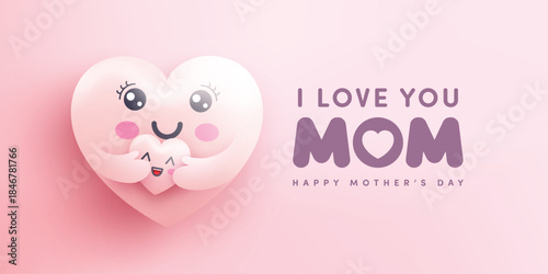 Mother's Day banner with Moter heart emoji hugging baby heart on pink background.Promotion and shopping template or background for Love and Mother's day concept.Vector illustration eps 10