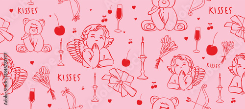 Hand drawn Valentines vintage doodles with Cute elements set. Red and pink romantic vintage illustration ribbon , heart and doll vector