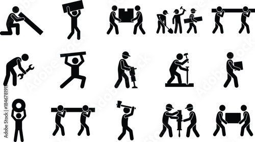 Construction and Manual Labor Work Stick Figures Icon Set, Showing Builders Handling Tools, Materials, and Heavy Lifting Duties, Vector Pictograms.