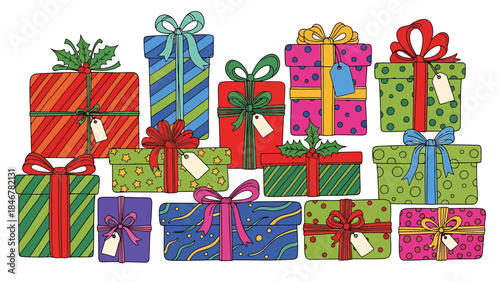 Collection of beautifully wrapped colorful gift boxes with ribbons and tags, perfect for holiday celebrations and special occasions