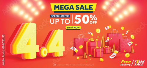 4.4 Shopping day Poster or banner with gift box on red background.Sales banner template design for social media and website.April 4 Special Offer Sale 50% Off campaign or promotion.