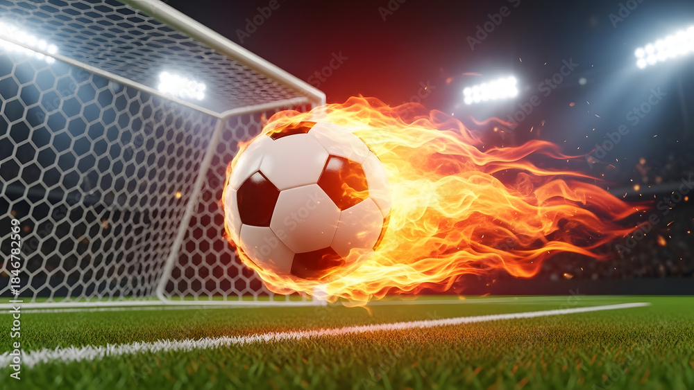 Naklejka premium Soccer ball on fire entering goal under stadium lights at night