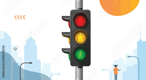 Pedestrian traffic light showing red, yellow, and green signals with walking person icons, set against a stylized city skyline.