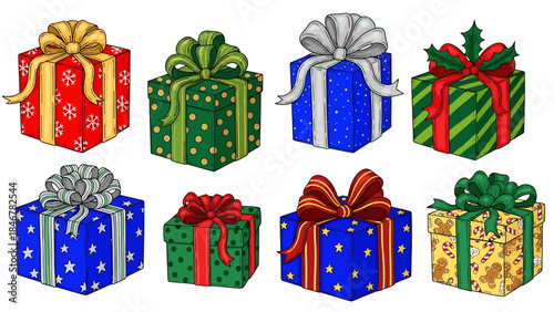 A colorful collection of eight wrapped gift boxes, each adorned with festive ribbons and bows, perfect for celebrations and special occasions