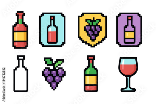 Wine and grapes icon set. Colorful pixel art style for beverage enthusiasts