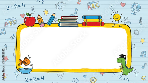 Whimsical school-themed border frame with playful educational elements for children's learning and back to school designs, featuring a central text area