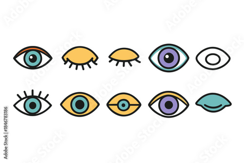 Eye and vision flat icon set. Collection of eye, lens, optics, flat icons for design.