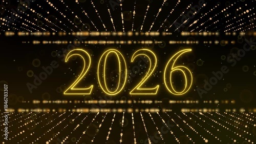 Golden neon 2026 text with radiant light trails on dark background