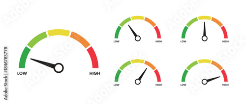 Risk meter icon set. Scale Low, Medium or High risk on speedometer. Minimum to Maximum. Vector.